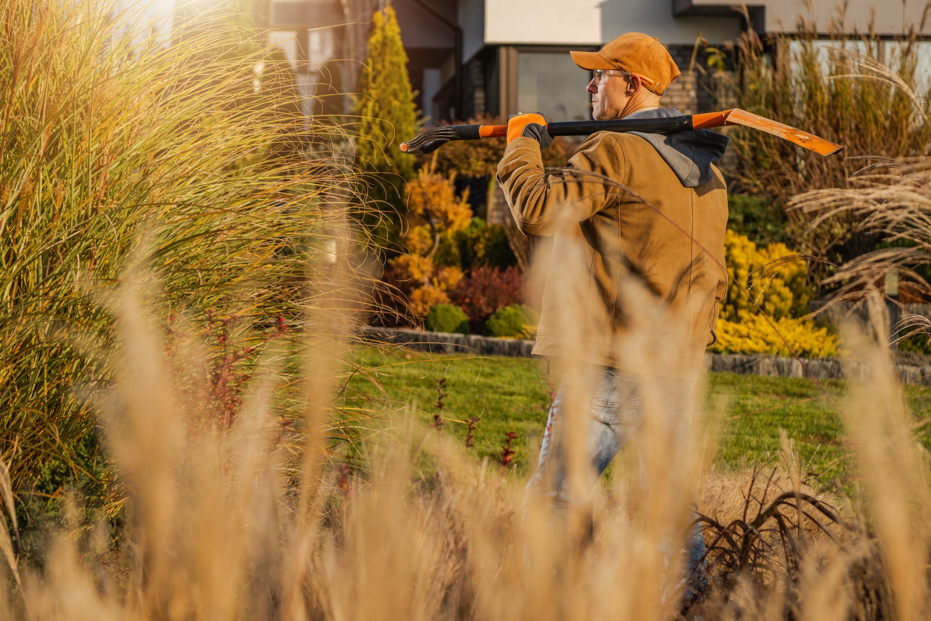 Gardener With Pruning Tools Tending to Backyard During Golden Hour